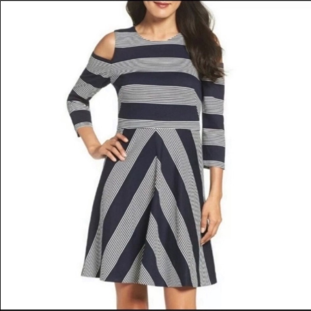 Eliza J Fit And Flare Striped Cold Shoulder Mini Dress